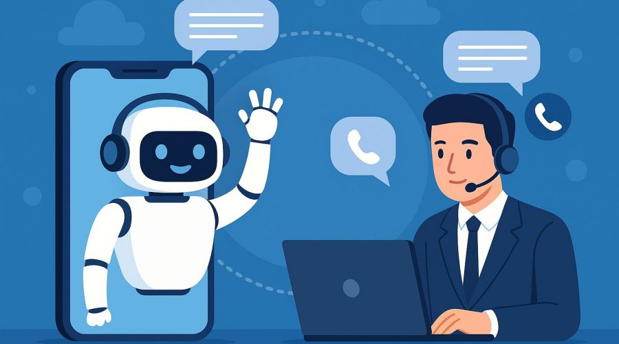 Minh họa chatbot AI và nhân viên chăm sóc khách hàng hỗ trợ doanh nghiệp, thể hiện sự kết hợp giữa tự động hóa và hotline truyền thống.