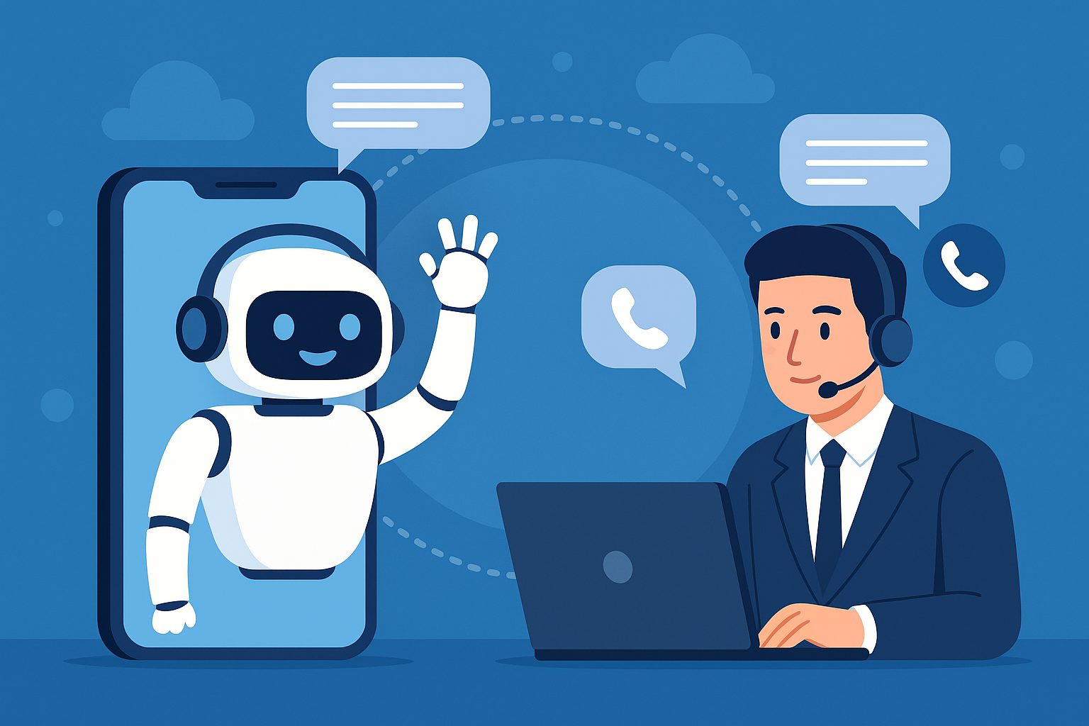 Minh họa chatbot AI và nhân viên chăm sóc khách hàng hỗ trợ doanh nghiệp, thể hiện sự kết hợp giữa tự động hóa và hotline truyền thống.