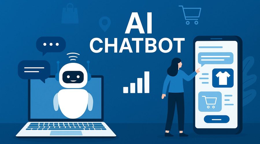 Illustration of an AI chatbot assisting online shopping in e-commerce, showing a chatbot on a laptop and a customer interacting with a shopping app on a smartphone.