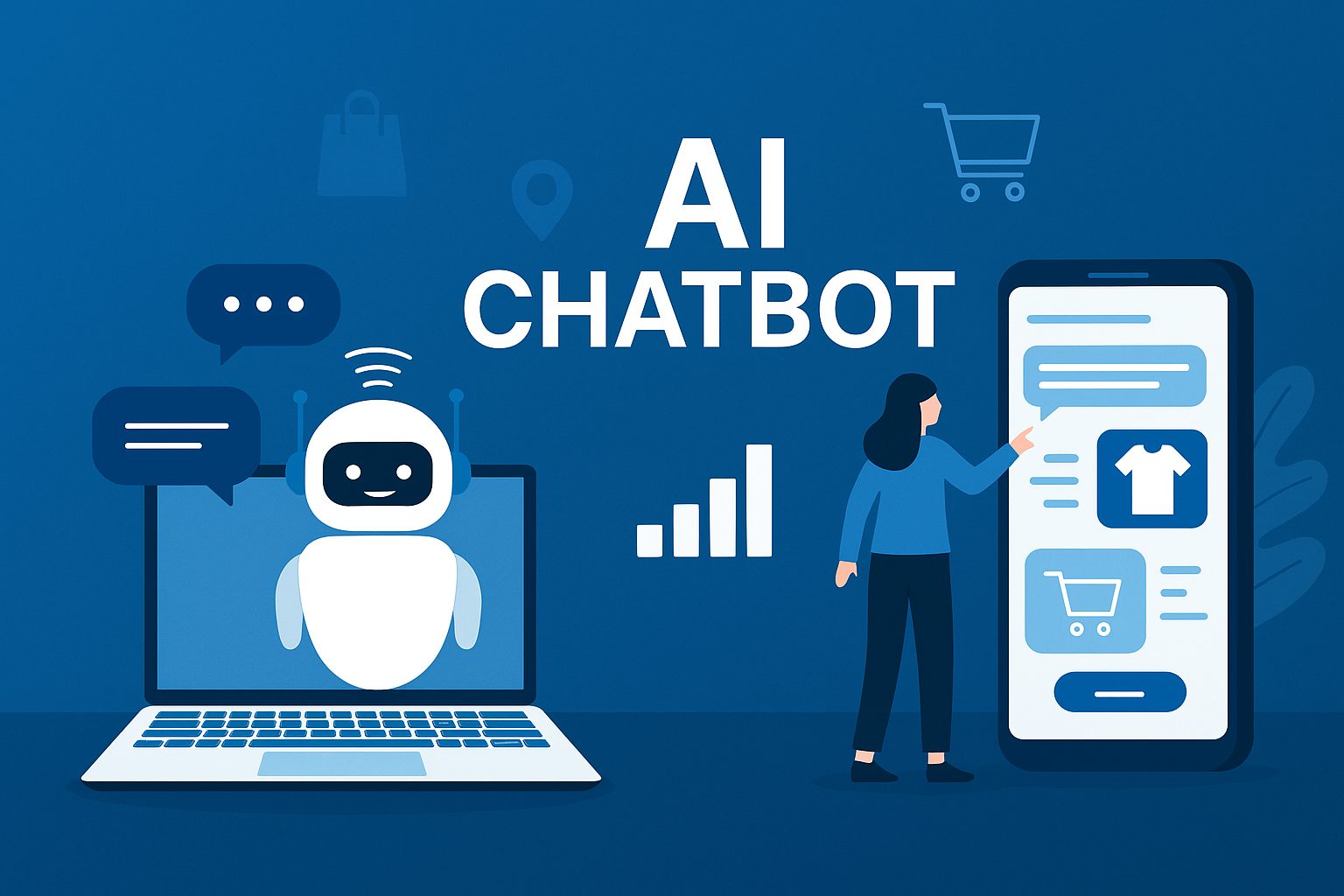 Illustration of an AI chatbot assisting online shopping in e-commerce, showing a chatbot on a laptop and a customer interacting with a shopping app on a smartphone.