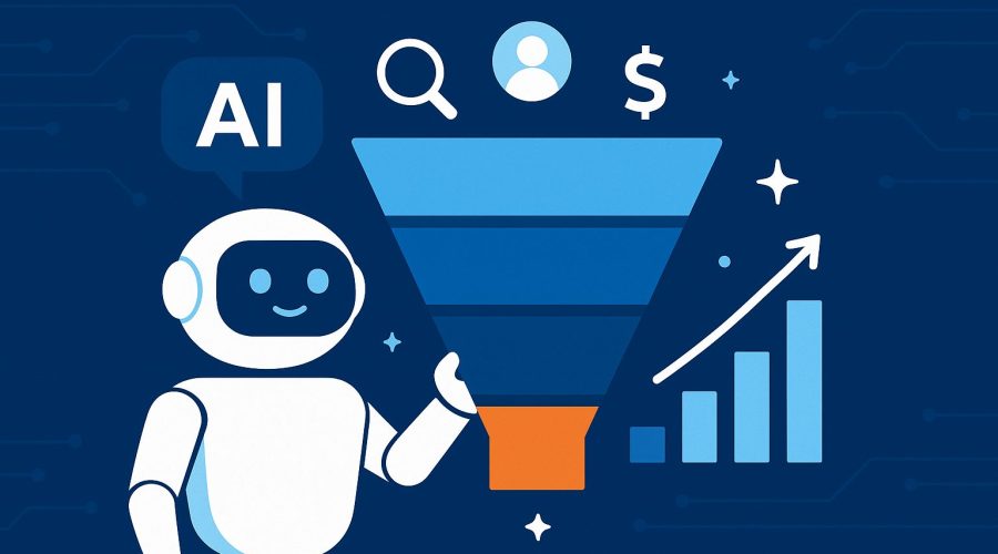 AI chatbot interacting with a digital sales funnel and data analytics icons, representing automated lead conversion and customer engagement.