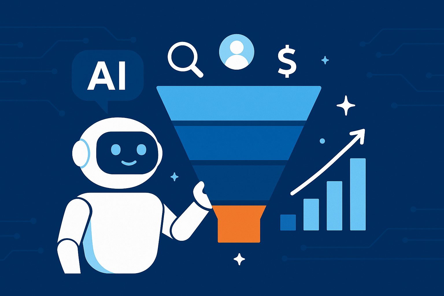 AI chatbot interacting with a digital sales funnel and data analytics icons, representing automated lead conversion and customer engagement.