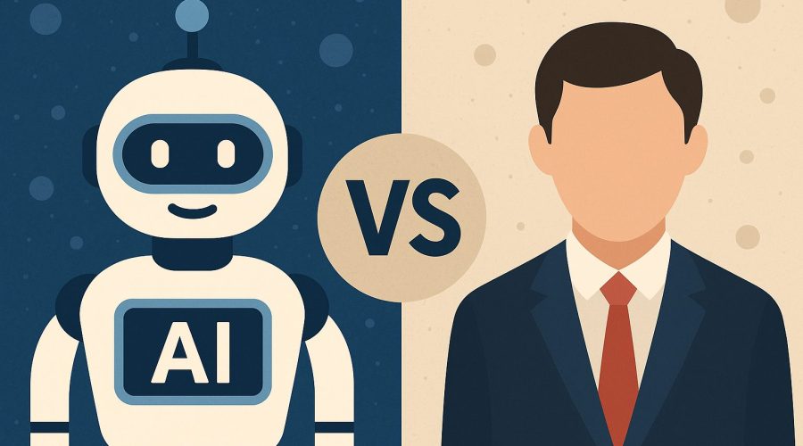 Illustration comparing an AI chatbot represented by a robot and a human employee in a business suit, highlighting cost and performance differences.