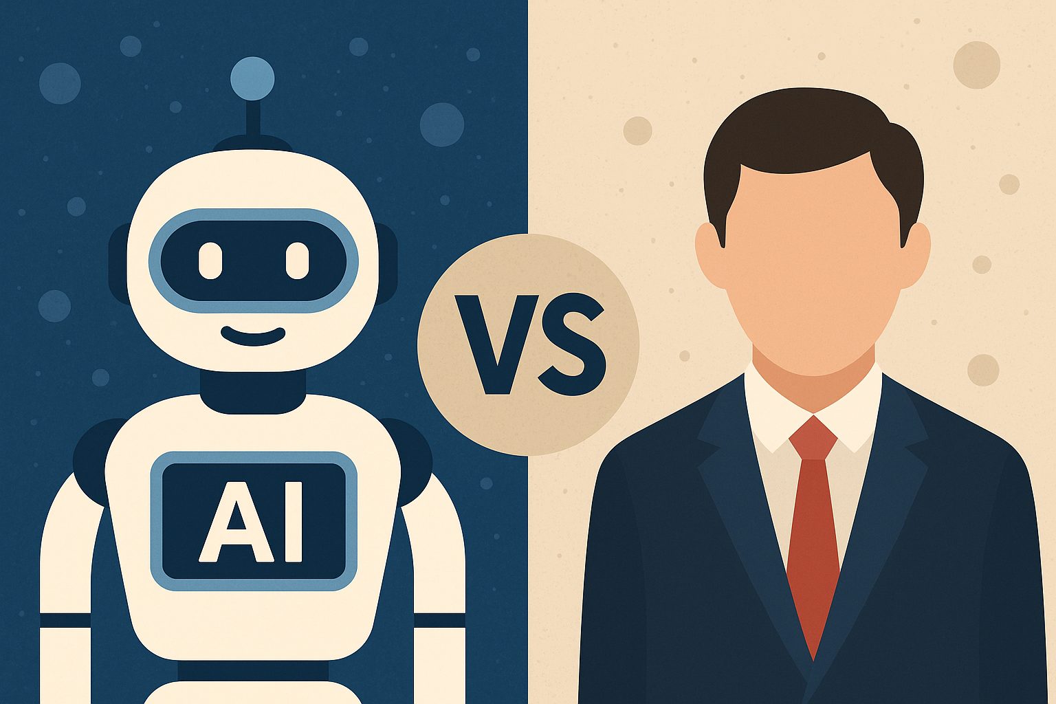 Illustration comparing an AI chatbot represented by a robot and a human employee in a business suit, highlighting cost and performance differences.