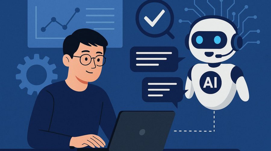 A young Asian developer working on a laptop while testing a Vietnamese AI chatbot with a humanoid robot interface, symbolizing accuracy and natural language understanding.