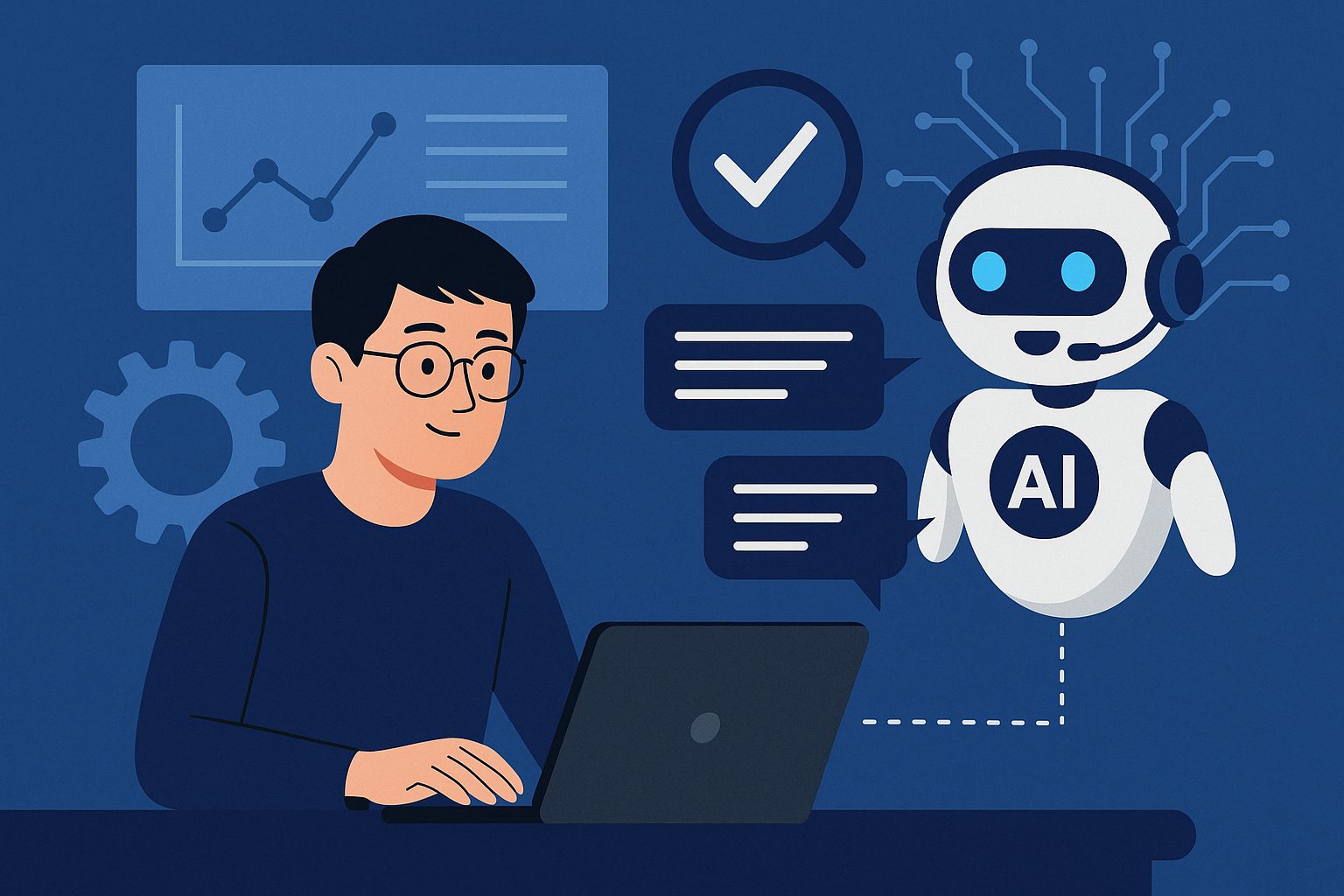 A young Asian developer working on a laptop while testing a Vietnamese AI chatbot with a humanoid robot interface, symbolizing accuracy and natural language understanding.