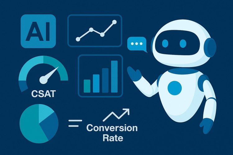 AI chatbot performance evaluation illustration showing a robot with KPI dashboards, charts, CSAT gauge, pie chart, and conversion rate metrics.