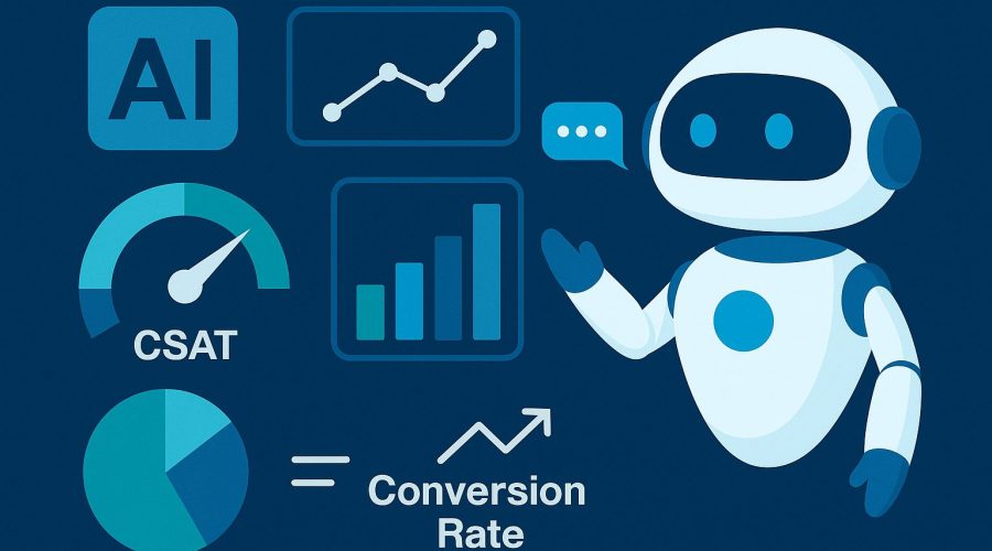 AI chatbot performance evaluation illustration showing a robot with KPI dashboards, charts, CSAT gauge, pie chart, and conversion rate metrics.