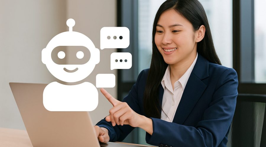 Vietnamese businesswoman interacting with an AI chatbot on her laptop in a modern office, symbolizing the success of enterprises applying AI chatbot technology.