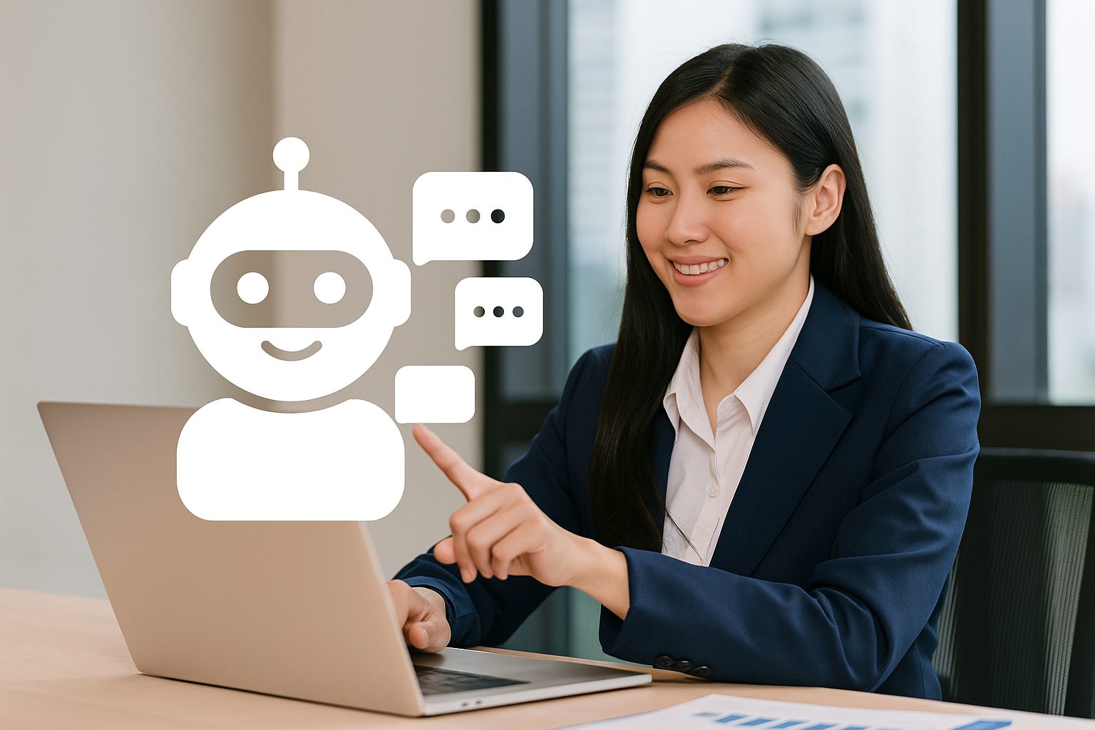 Vietnamese businesswoman interacting with an AI chatbot on her laptop in a modern office, symbolizing the success of enterprises applying AI chatbot technology.