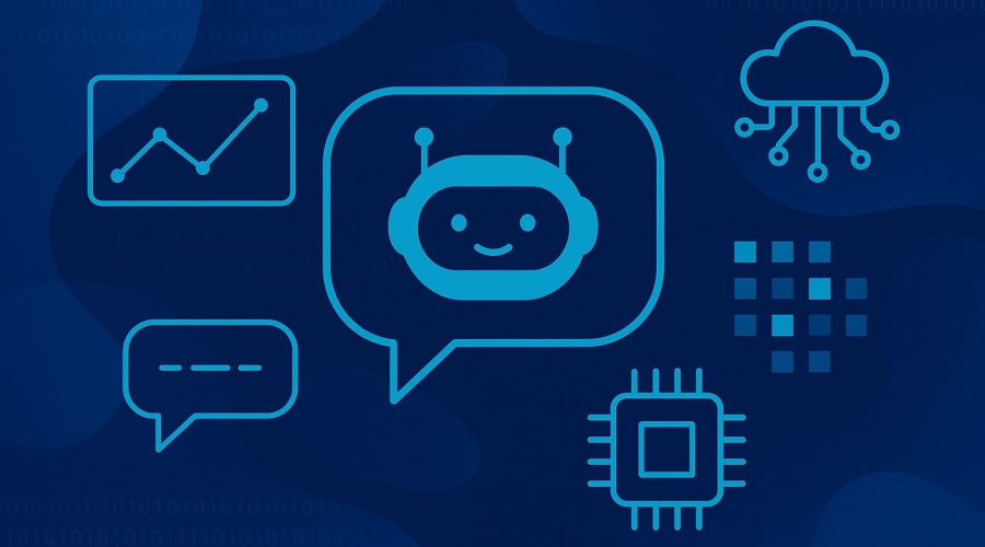 Abstract digital illustration of an AI chatbot concept, featuring a blue chatbot icon inside a speech bubble, surrounded by data charts, cloud computing, and microchip graphics on a dark blue background.