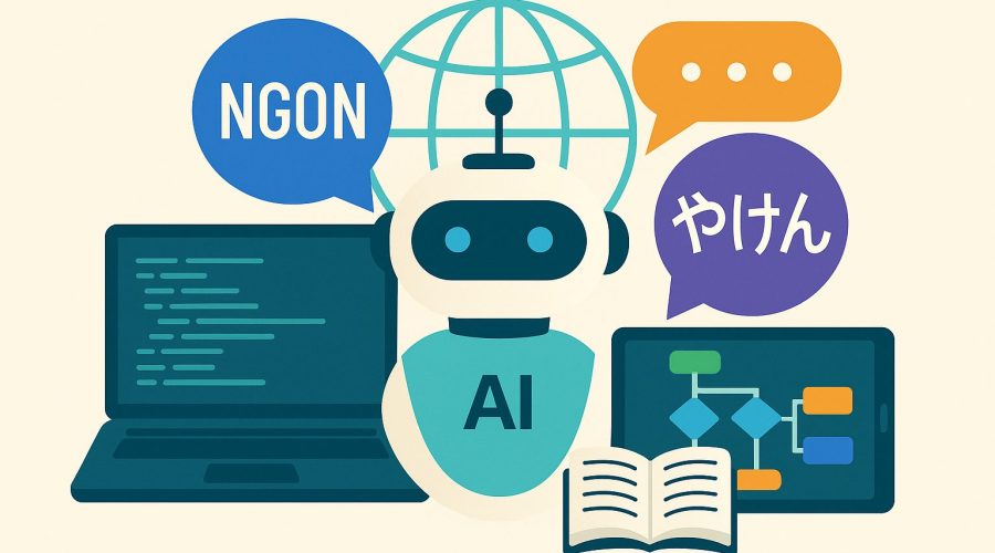 A 2D digital illustration of an AI chatbot surrounded by a laptop, tablet, and speech bubbles containing slang and local language expressions in Vietnamese and Japanese, representing the chatbot’s ability to understand regional dialects and informal language.