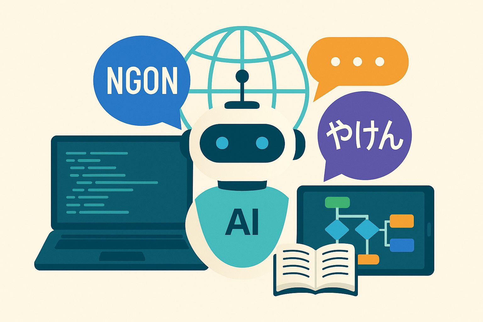 A 2D digital illustration of an AI chatbot surrounded by a laptop, tablet, and speech bubbles containing slang and local language expressions in Vietnamese and Japanese, representing the chatbot’s ability to understand regional dialects and informal language.