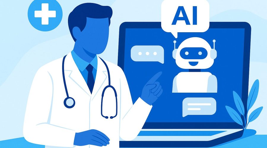 Doctor interacting with an AI chatbot on a laptop in a healthcare setting, illustrating the application of artificial intelligence in medical services.