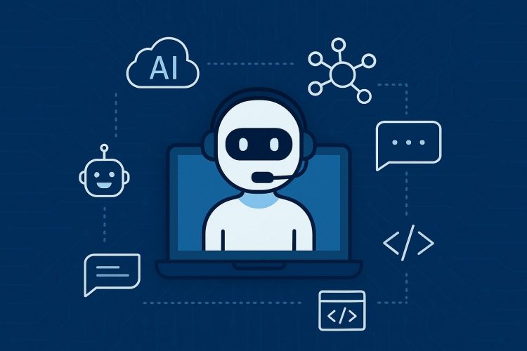 Illustration of an AI chatbot concept with a humanoid avatar on a laptop screen, surrounded by icons of neural networks, coding, and chat bubbles, representing Vietnamese AI chatbot development challenges.