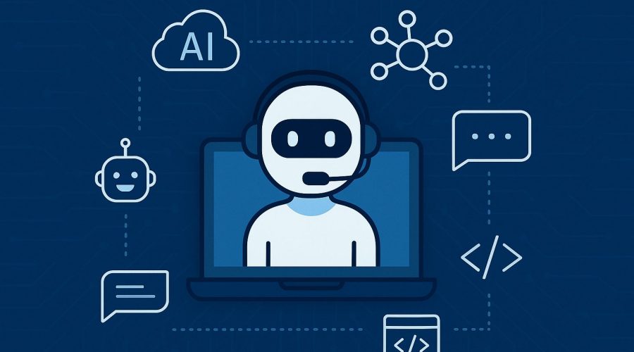 Illustration of an AI chatbot concept with a humanoid avatar on a laptop screen, surrounded by icons of neural networks, coding, and chat bubbles, representing Vietnamese AI chatbot development challenges.