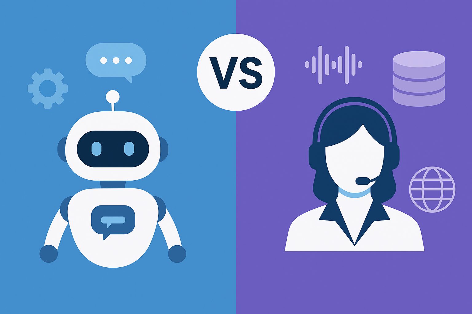 Illustration comparing an AI chatbot and an intelligent virtual assistant, showing a robot with speech bubble on one side and a human avatar with headset on the other, symbolizing different AI applications.