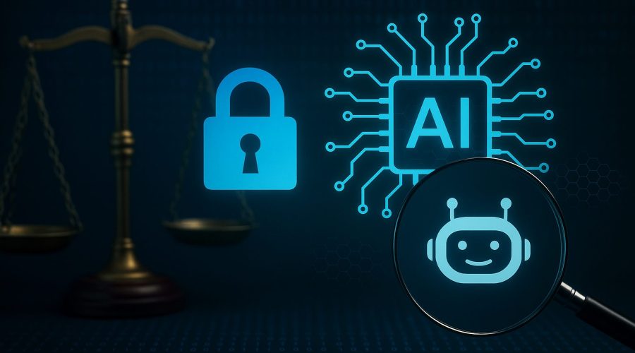 Illustration of data security and legal compliance in AI chatbot development, featuring a justice scale, padlock, AI chip symbol, and chatbot icon under magnifying glass.