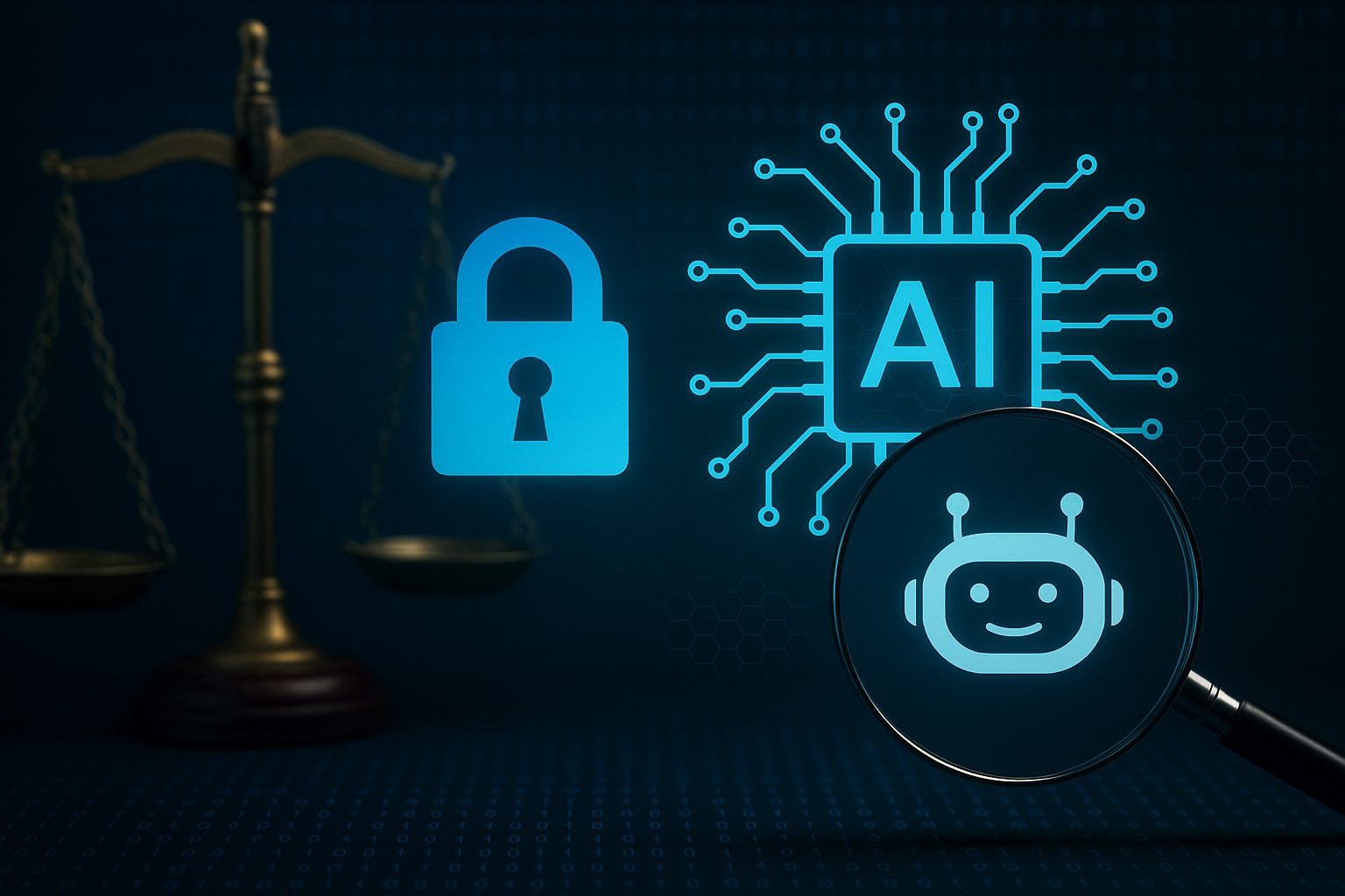 Illustration of data security and legal compliance in AI chatbot development, featuring a justice scale, padlock, AI chip symbol, and chatbot icon under magnifying glass.