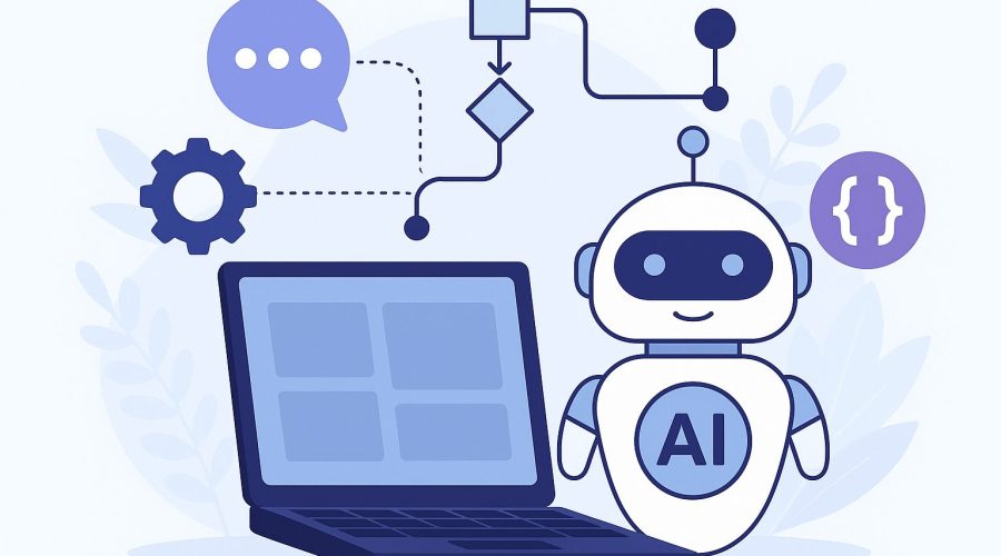 A 2D illustration showing an AI chatbot with a friendly robot, a laptop, and no-code flowchart elements representing chatbot development without programming.