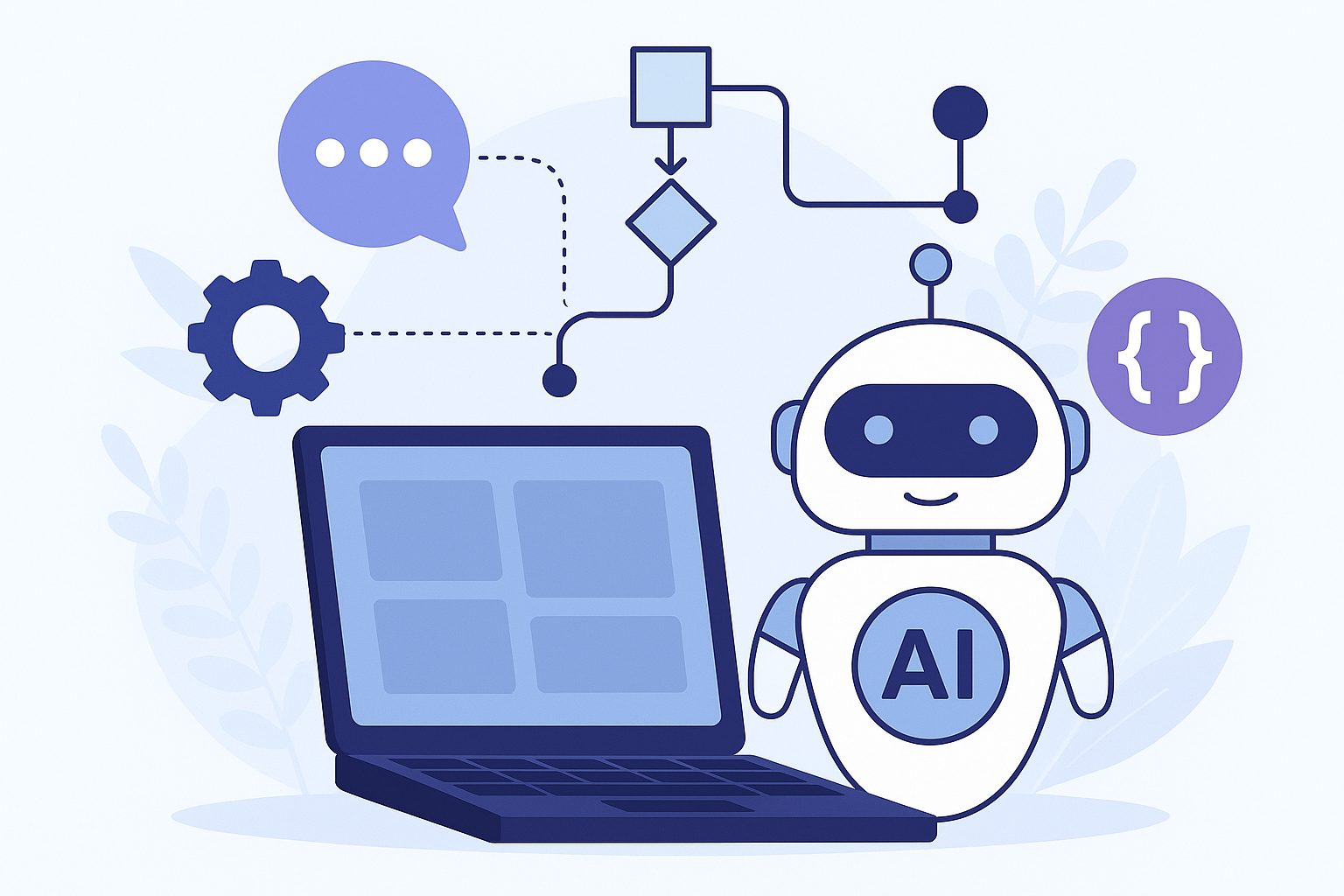 A 2D illustration showing an AI chatbot with a friendly robot, a laptop, and no-code flowchart elements representing chatbot development without programming.