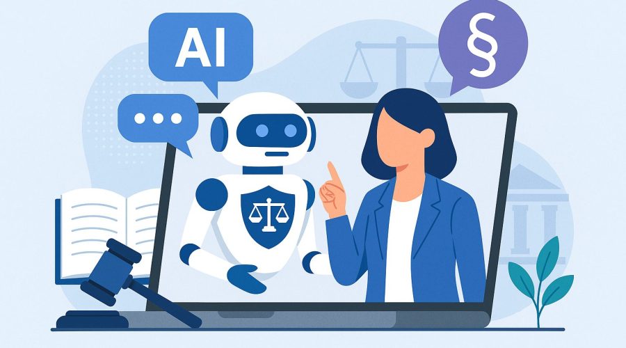 AI-powered legal consultation chatbot interacting with a female client, featuring law-related icons such as scales of justice, gavel, and legal books.