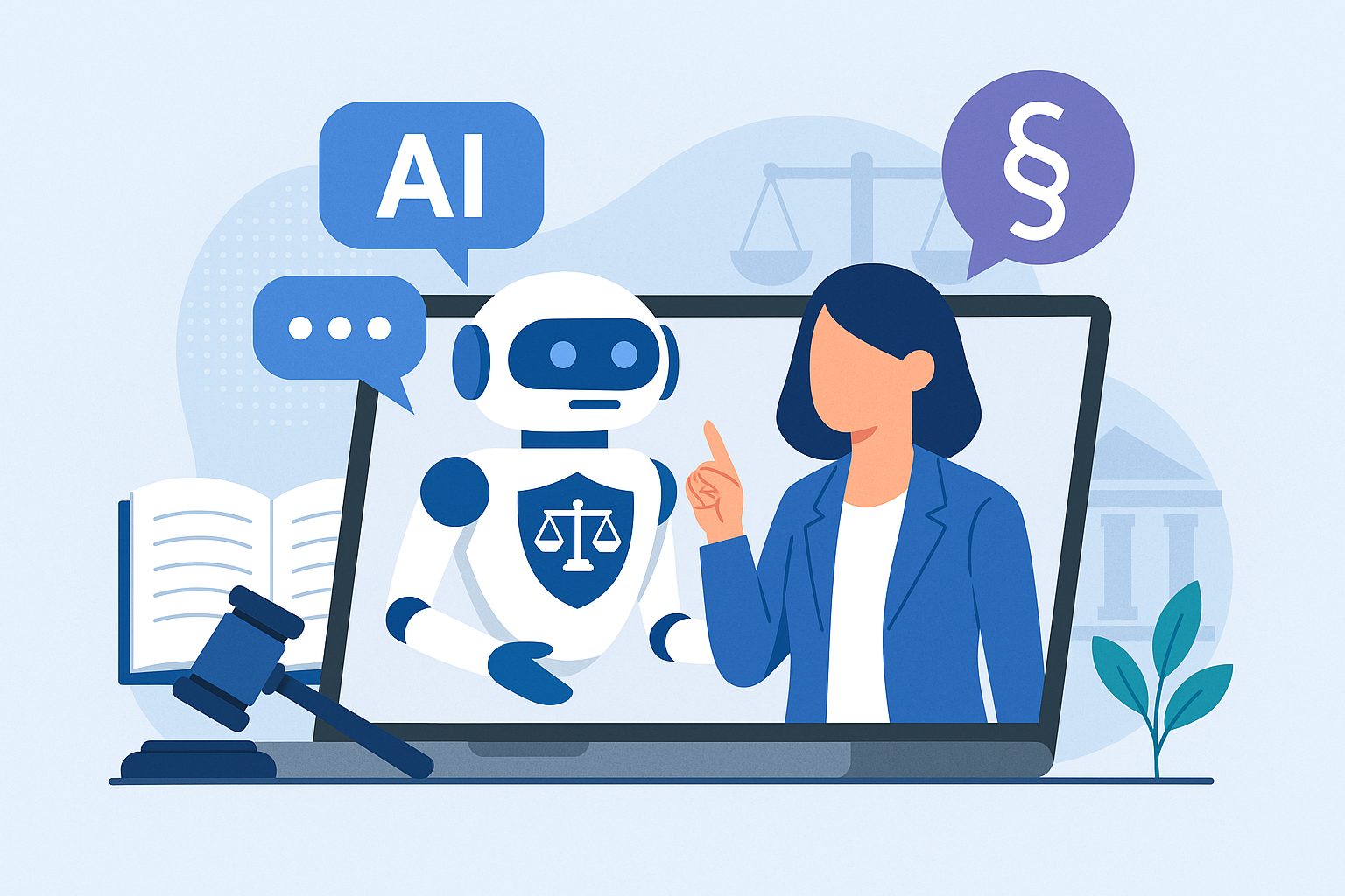 AI-powered legal consultation chatbot interacting with a female client, featuring law-related icons such as scales of justice, gavel, and legal books.