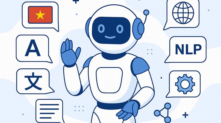 Illustration of an AI chatbot robot surrounded by multilingual chat bubbles, including Vietnamese, English, and Japanese symbols, representing multilingual chatbot development with NLP support.