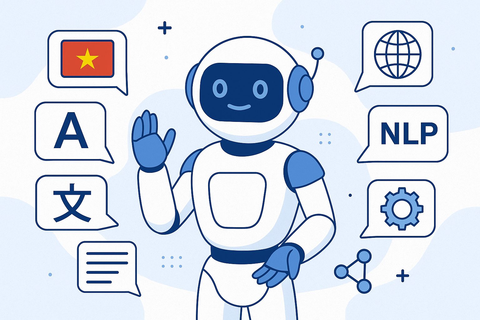Illustration of an AI chatbot robot surrounded by multilingual chat bubbles, including Vietnamese, English, and Japanese symbols, representing multilingual chatbot development with NLP support.