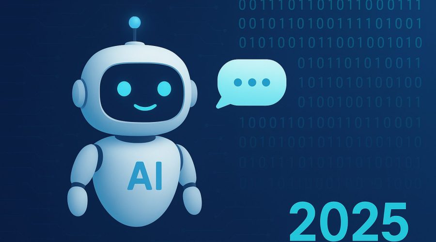 A friendly AI chatbot robot with glowing blue eyes and a speech bubble, standing against a digital background with binary code and the year 2025 — symbolizing the future of AI chatbot development.