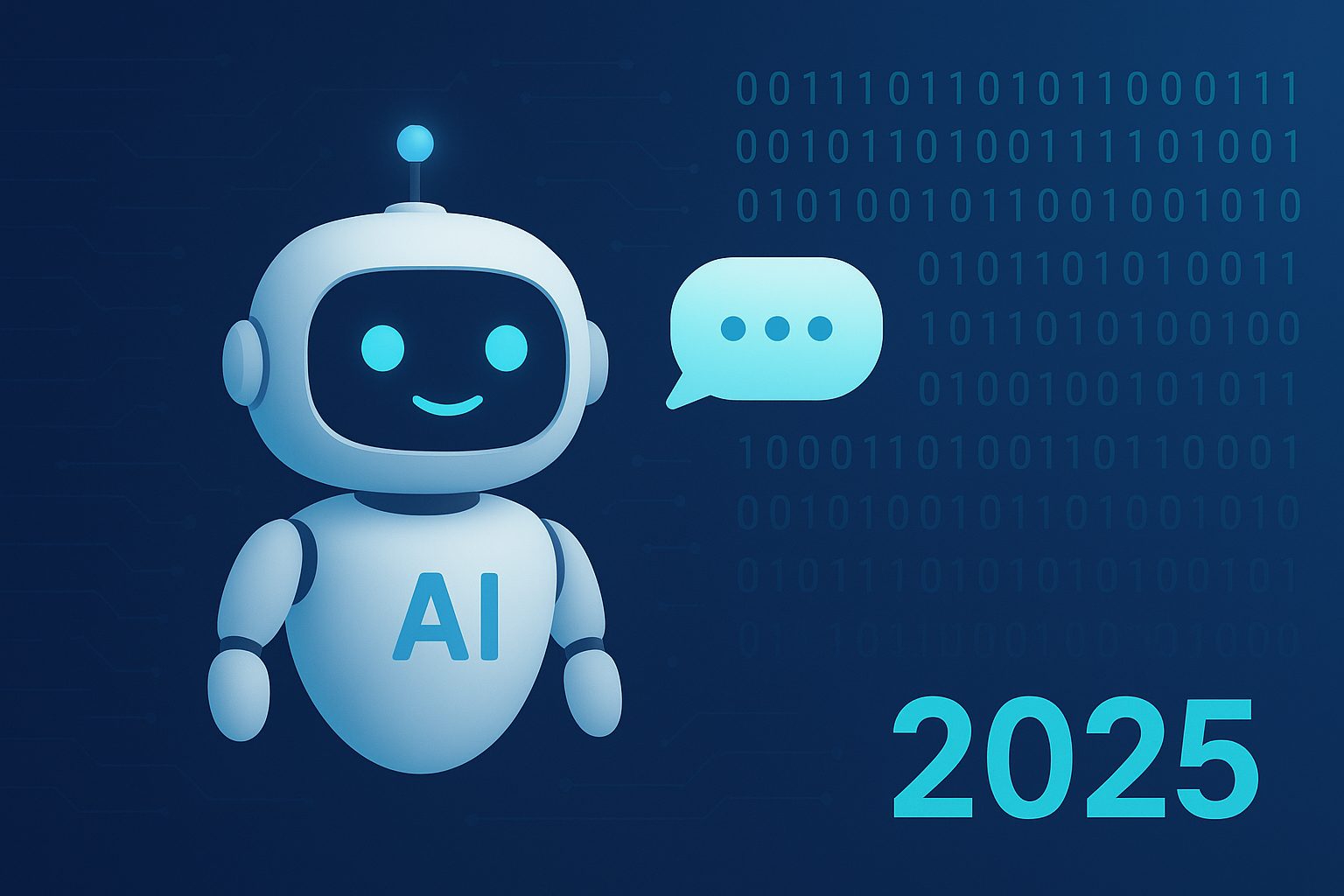 A friendly AI chatbot robot with glowing blue eyes and a speech bubble, standing against a digital background with binary code and the year 2025 — symbolizing the future of AI chatbot development.