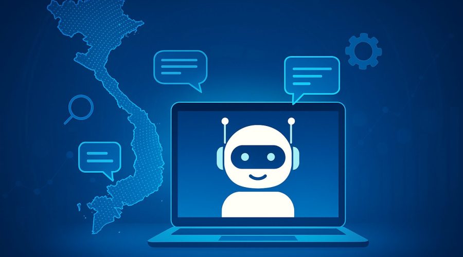 Illustration of an AI chatbot on a laptop screen with a map of Vietnam and speech bubble icons, representing AI Chatbot Development and smart automation in Vietnam.