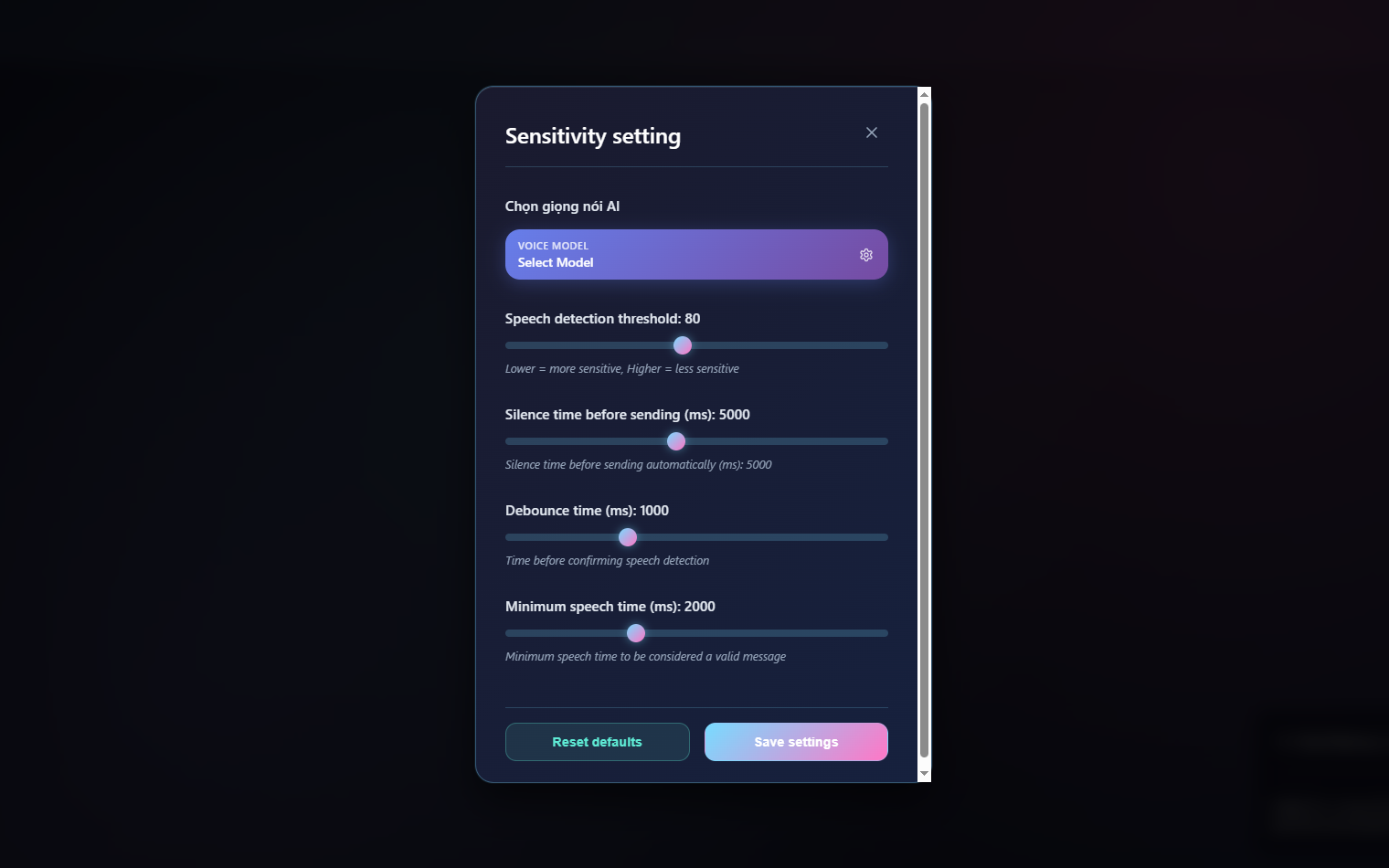 NKKTech Global Enterprise AI Chatbot Voice Chat Settings Interface