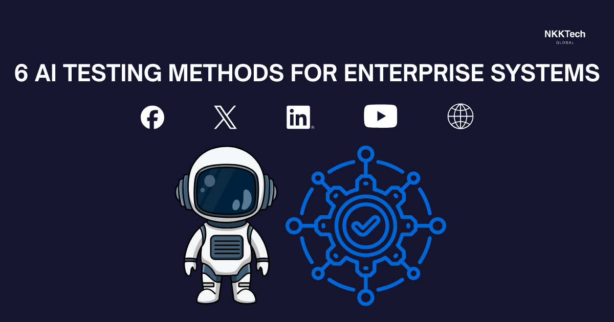 企業システム向けの6つのAI Testing方法 1 AI testing framework for enterprise systems including bias detection, performance testing, model drift monitoring, and AI compliance validation.