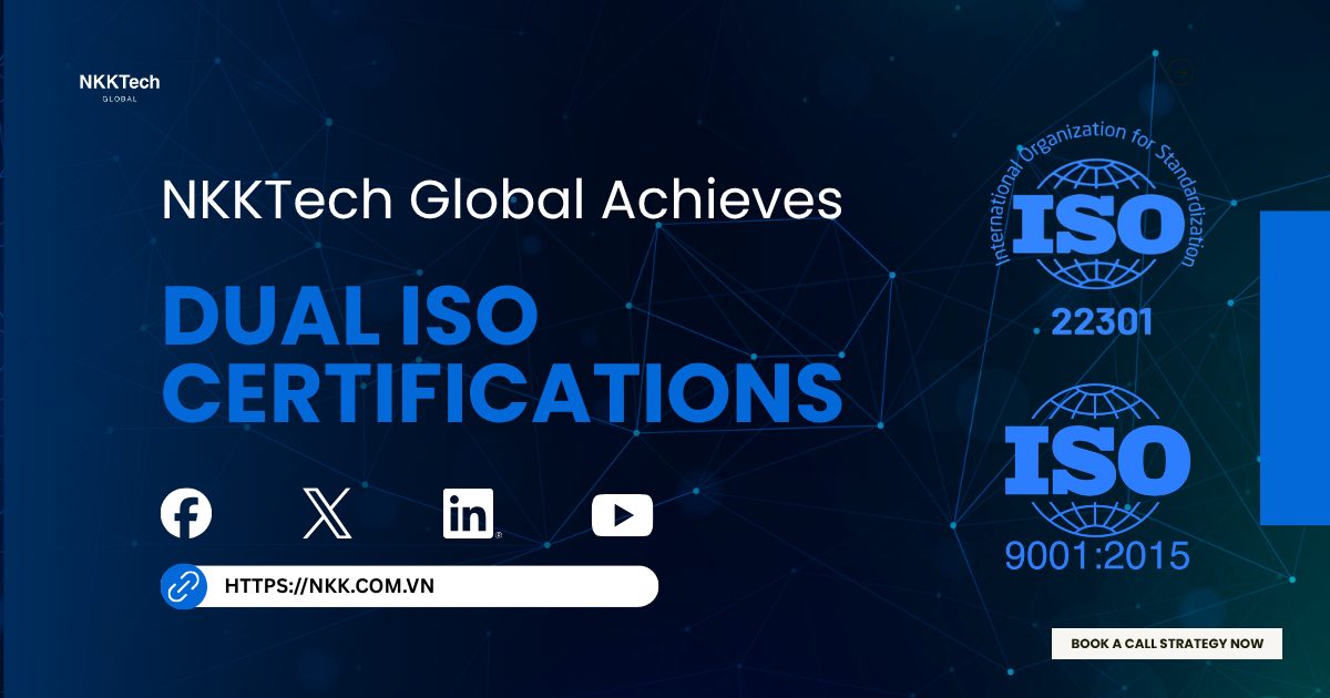 NKKTech Global Achieves Dual ISO Certifications 1 NKKTech Global achieving ISO 9001:2015 and ISO 22301:2019 certifications for quality management and business continuity in offshore software development